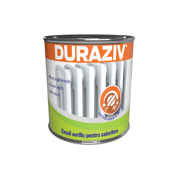 Email acrilic pentru calorifere, fara miros, culoare alb, pentru interior si exterior, 0,65 litri, Duraziv