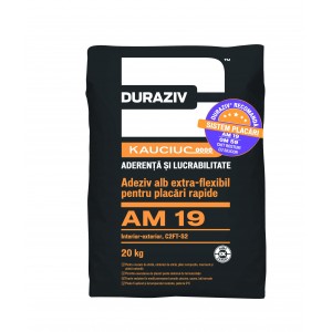 Adeziv alb extra-flexibil pentru placari rapide, aditivat cu Kauciuc, AM 19, interior si exterior, 25 Kg, Duraziv
