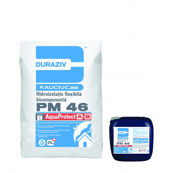 Hidroizolaţie bicomponentă flexibilă, aditivată cu Kauciuc® PM 46, 20 kg, Duraziv
