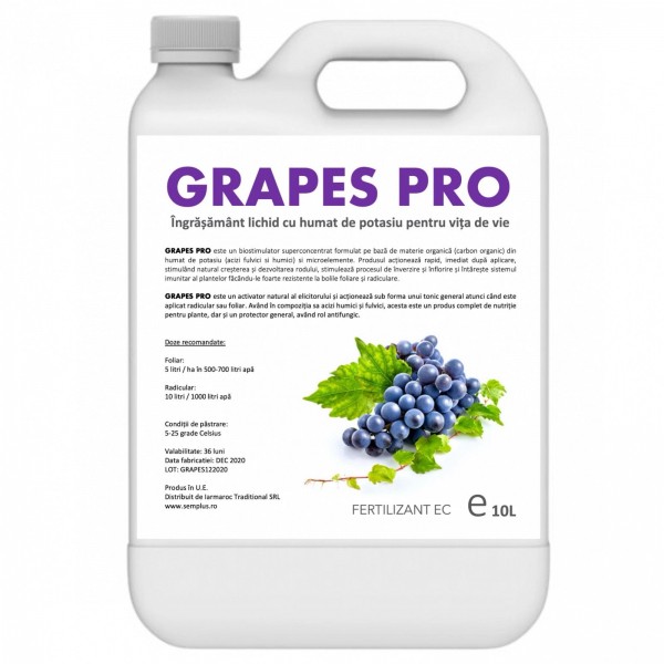 Ingrasamant lichid cu humat de potasiu pentru vita de vie, Grapes Pro, 10 litri, SemPlus